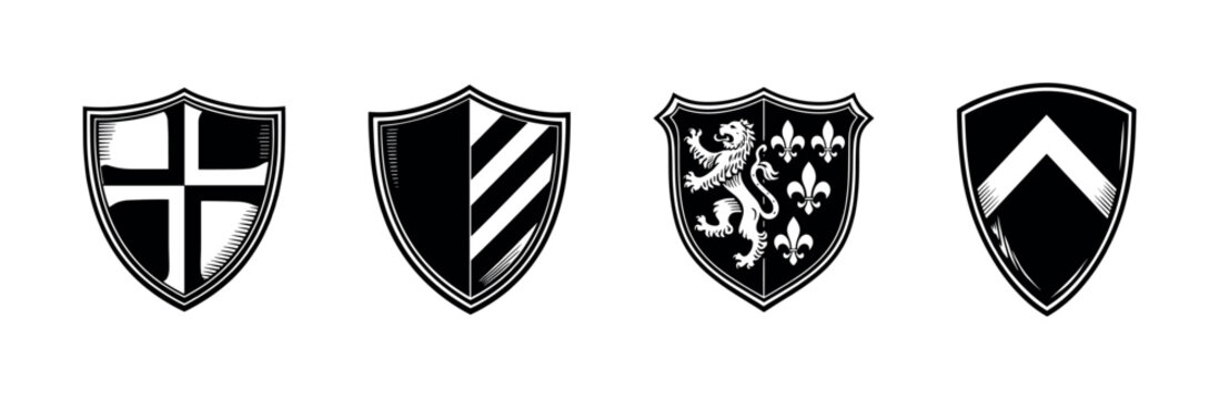 Heraldic shield vector set with cross lion fleur-de-lis elements black and white silhouette design