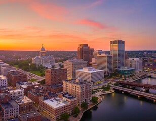 Obraz premium Stunning Aerial View of Providence Rhode Island Skyline at Sunset.