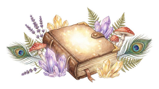 Enchanted spellbook with crystals and mushrooms isolated on white background in vintage woodland illustration style.