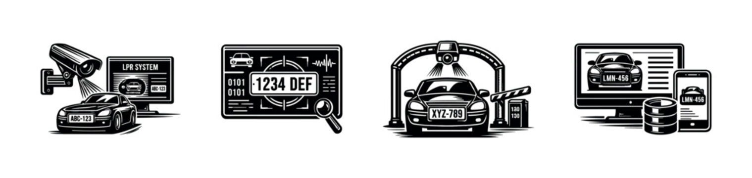 Black and white vector illustrations of license plate recognition systems with cars and technology elements