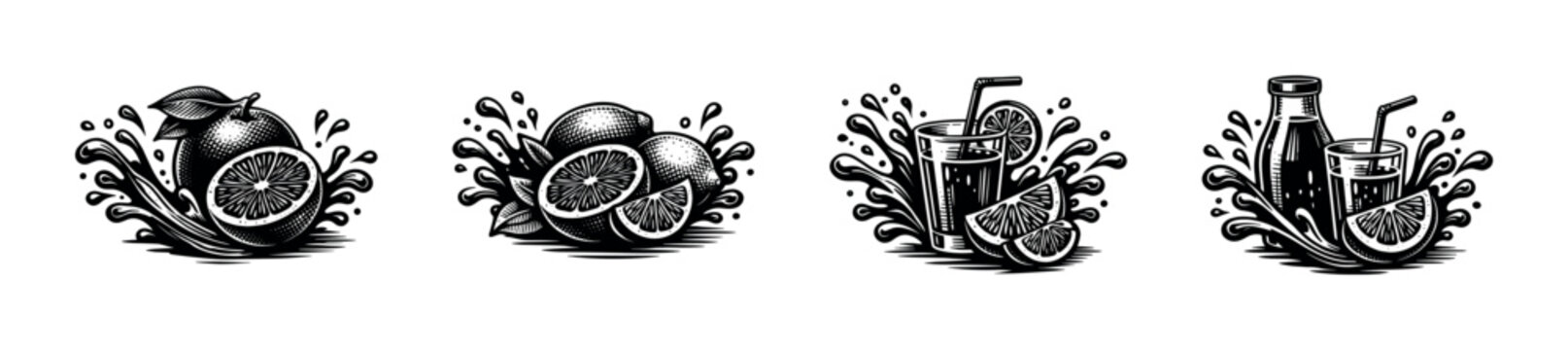 Black and white vector illustrations of citrus fruits and juices with splash elements