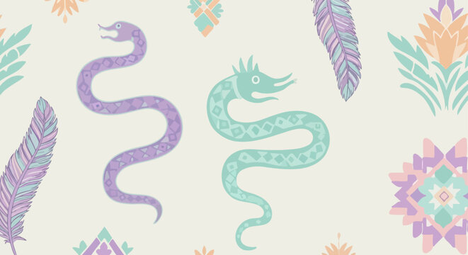 stylized snakes and aztec patterns in a folk art illustration featuring tribal feathers and floral elements ideal for bohemian decor.