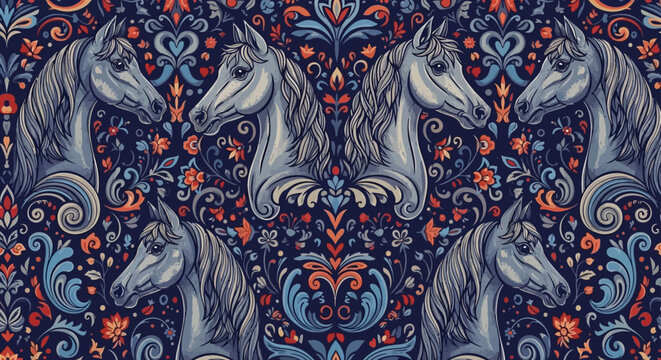decorative seamless pattern with vintage horse heads and floral ornaments