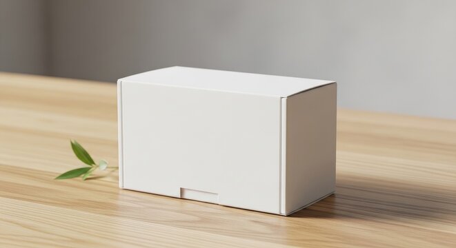 Plain white cardboard box packaging mockup on light wooden table with small green leaves.