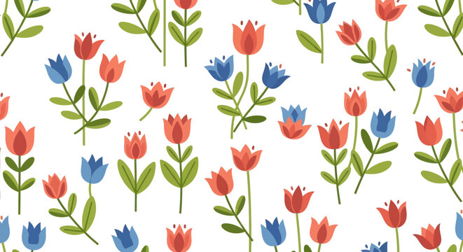 seamless floral pattern with stylized red and blue spring flowers on white ideal for fabric prints digital paper and web design.