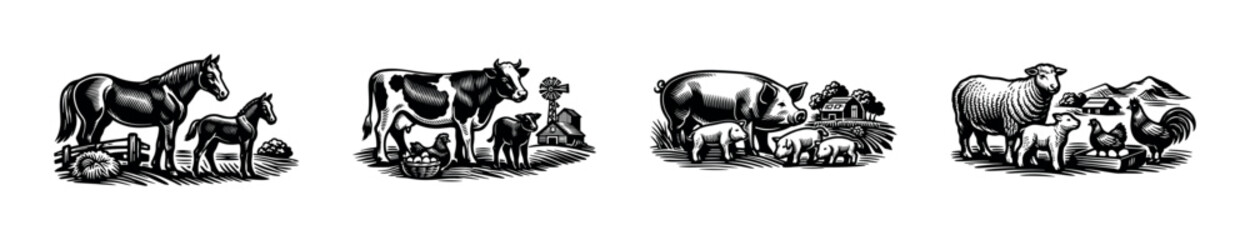 Naklejka premium Farm animal illustrations collection featuring cow pig horse sheep in black and white vector style