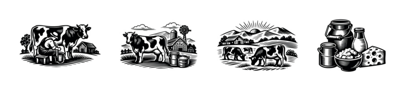 Vintage dairy farm vector, cow and milk elements, black and white illustration