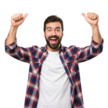 Jubilant man with arms raised in a celebratory pose wearing a checkered shirt and vest