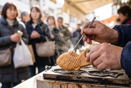 Street vendor using a metal pick to carefully flip a hot fish shaped taiyaki pastry on a grill