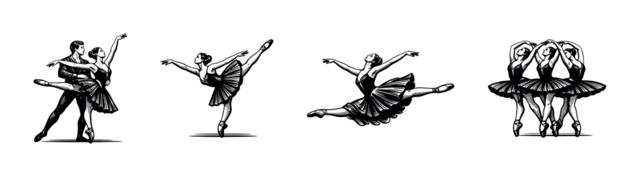 Elegant ballet dancers performing in graceful poses black and white vector illustration
