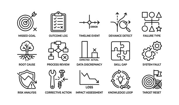 Black line icons for problem analysis and fault tracking in grid