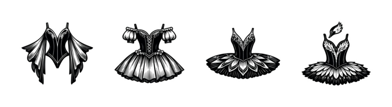 Intricate ballet costume collection, black and white, vector illustrations of tutus and dancewear, silhouette style