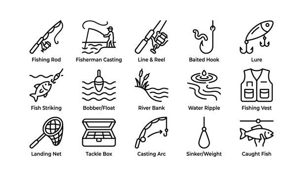 Fishing icons illustrating gear and actions on white background