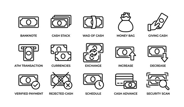 Money icons showing cash and payment concepts on white background