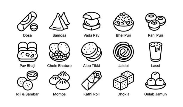 Indian street food icons arranged in labeled grid on white background