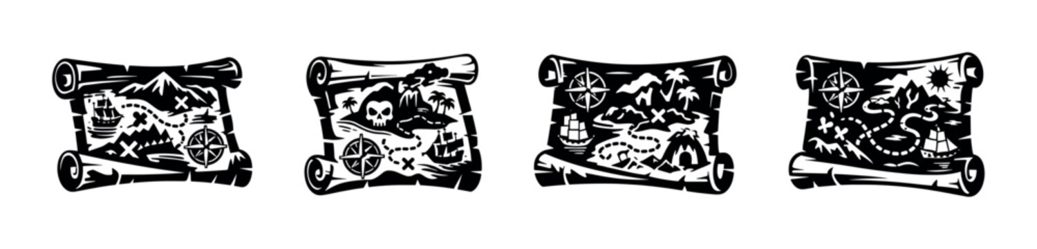 Pirate treasure map illustrations set, scrolls with nautical and adventure themes, black and white vector designs