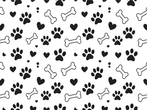 Seamless pattern with black paw prints, dog bones, and hearts on white background