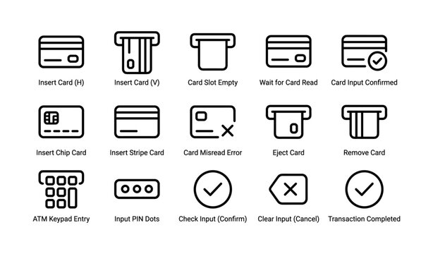 Credit card and atm interaction icons showing transaction steps