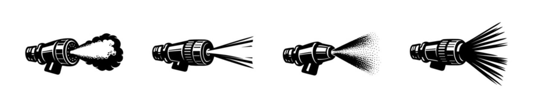Black and white vector illustration of garden hose nozzle spray patterns, silhouette elements