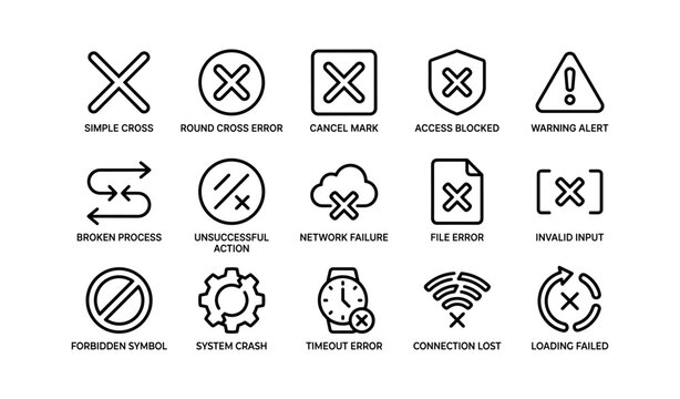 Error and failure icons showing cross and network alerts on white
