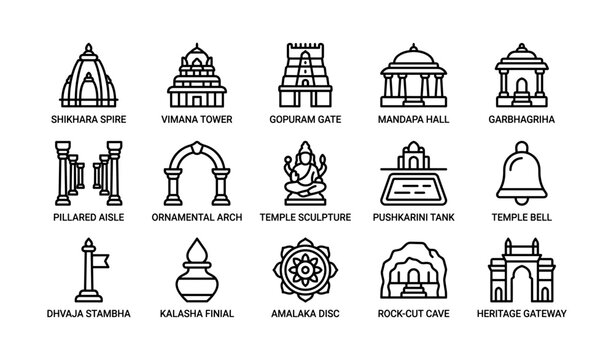 Temple architecture icons showing elements in line style