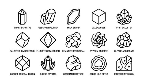 Mineral and crystal specimen icons arranged on white background