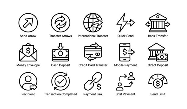 Money transfer and payment icons arranged on white grid