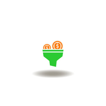 Vector illustration of funnel with coins cash filtering. Symbol of conversion rate. Icon of CRO.