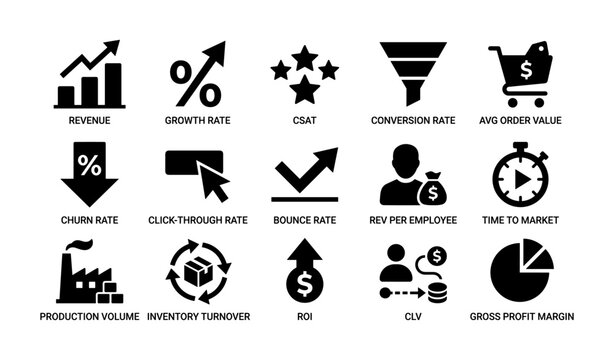 Business metrics and kpi icons displayed on white grid background