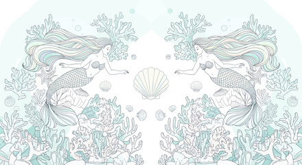 Obraz premium serene mermaids swim among colorful coral reefs and seashells underwater scene