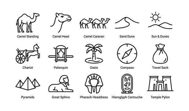 Desert travel icons showing camels and ancient egyptian symbols