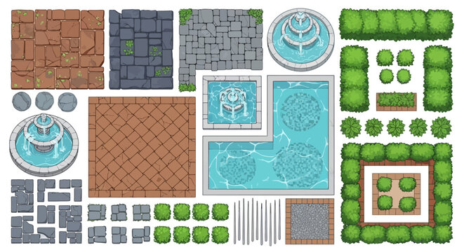 garden elements architectural plan top view game assets providing landscape design for outdoor scenes and urban planning