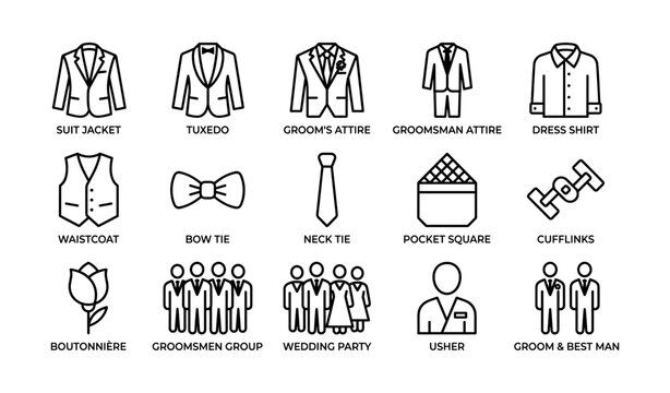 Wedding attire and party icons displayed on white background
