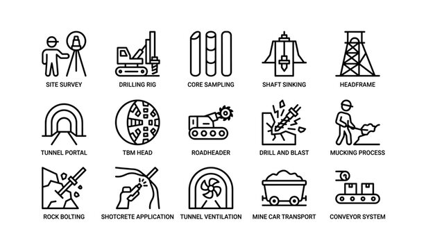 Mining and tunneling equipment icons arranged in labeled grid on white