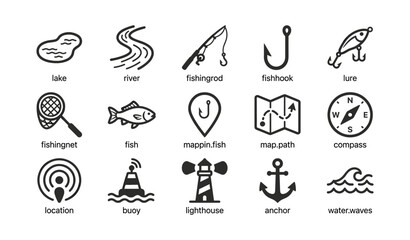Fototapeta premium Fishing navigation and safety icons grouped on white background