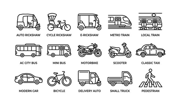 Transportation icons of vehicles arranged in grid on white background