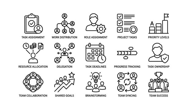 Teamwork and task management icons arranged in a labeled grid