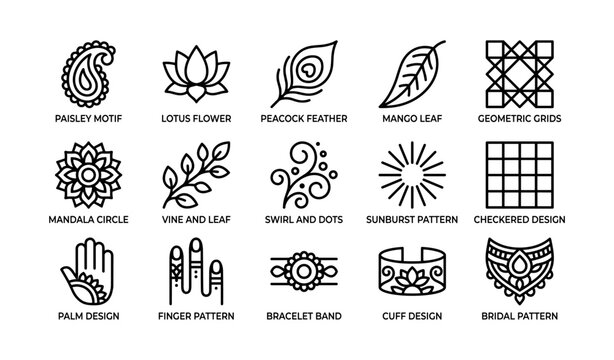 Decorative ornamental motif icons arranged in grid on white background