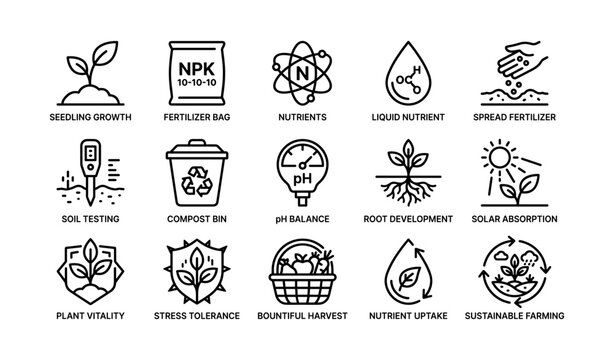 Plant nutrition and growth icons displayed on white background