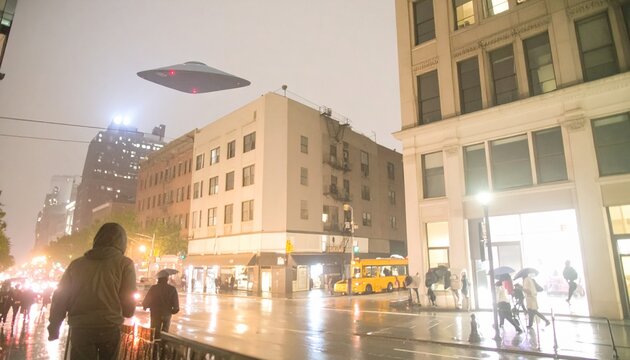 UFO Encounter over City: A mysterious unidentified flying object hovers above a cityscape, casting an eerie glow on the rain-slicked streets and buildings, sparking curiosity and speculation.