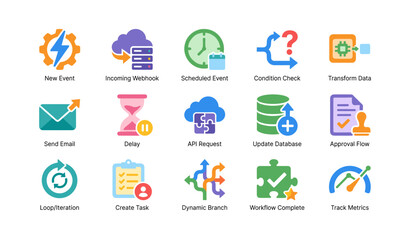 Fototapeta premium Workflow icons showing automation actions in grid layout