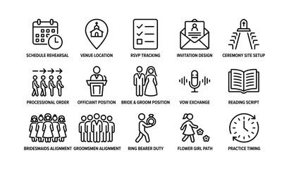 Fototapeta premium Wedding ceremony planning icons arranged on white background