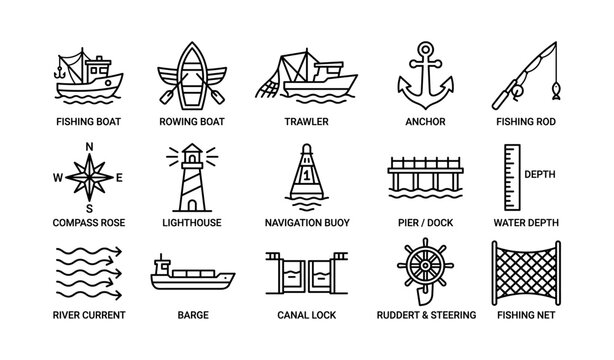 Nautical and maritime icons showing boats anchors and navigation