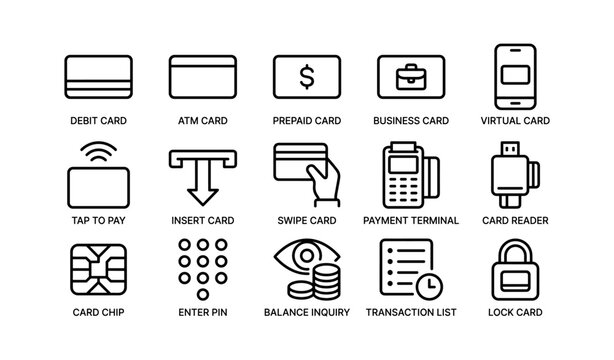 Payment card icons showing actions and security on white background
