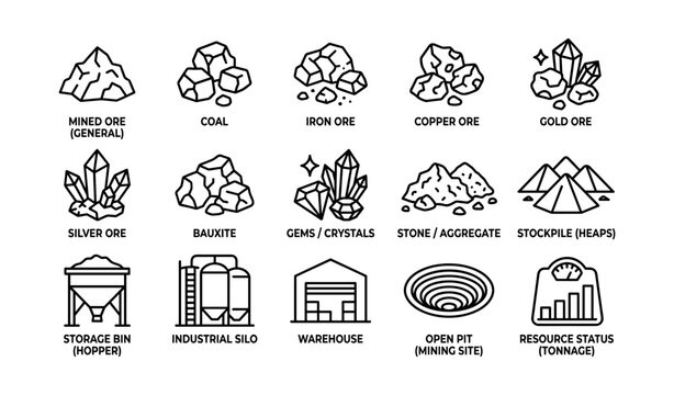 Mining resource icons showing ores and storage on white background