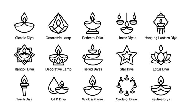 Diya lamp icons showing various lamp styles on white background