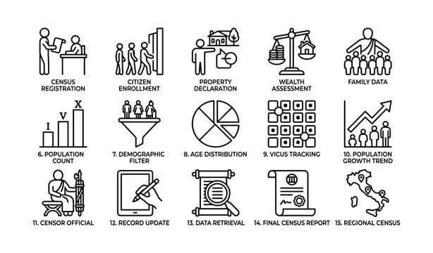 Census icons showing population data collection and analysis on white