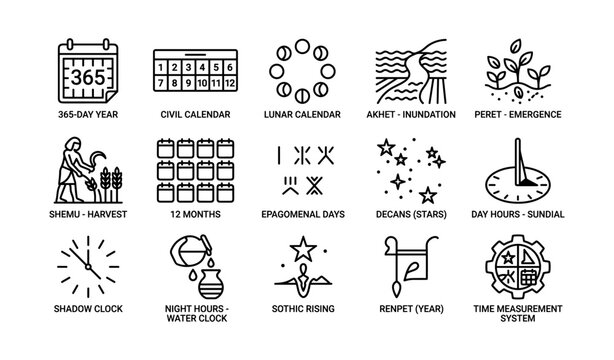 Ancient calendar and timekeeping icons displayed on white background