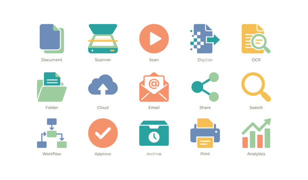 Document scanning and management icons arranged on white background