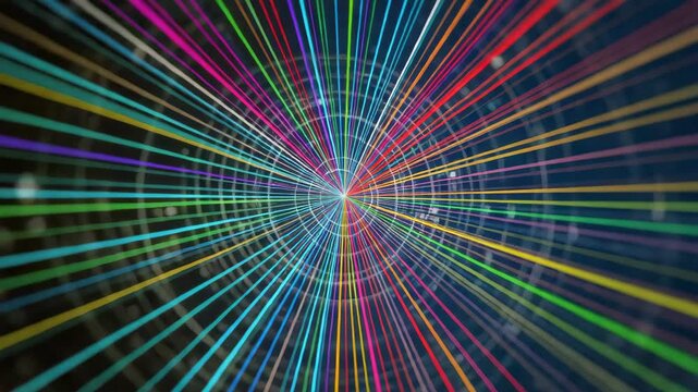Colorful radial tunnel light with concentric grid and converging rainbow lines forming energetic